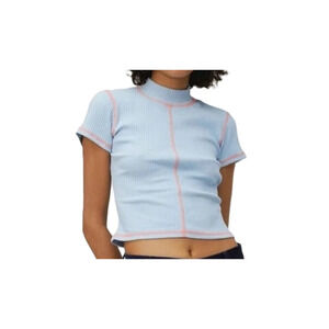 XS Daydreamer Ribbed Mock Neck Baby Tee Crop Top Blue Orange Contrast NEW